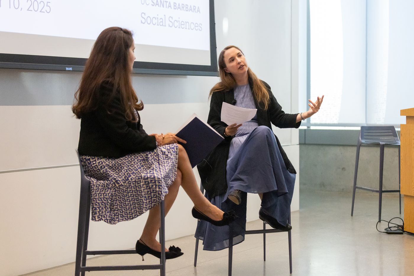 Leah Stokes in conversation with California State Senator Monique Limón at her investiture as the Anton Vonk Chair in Environmental Politics