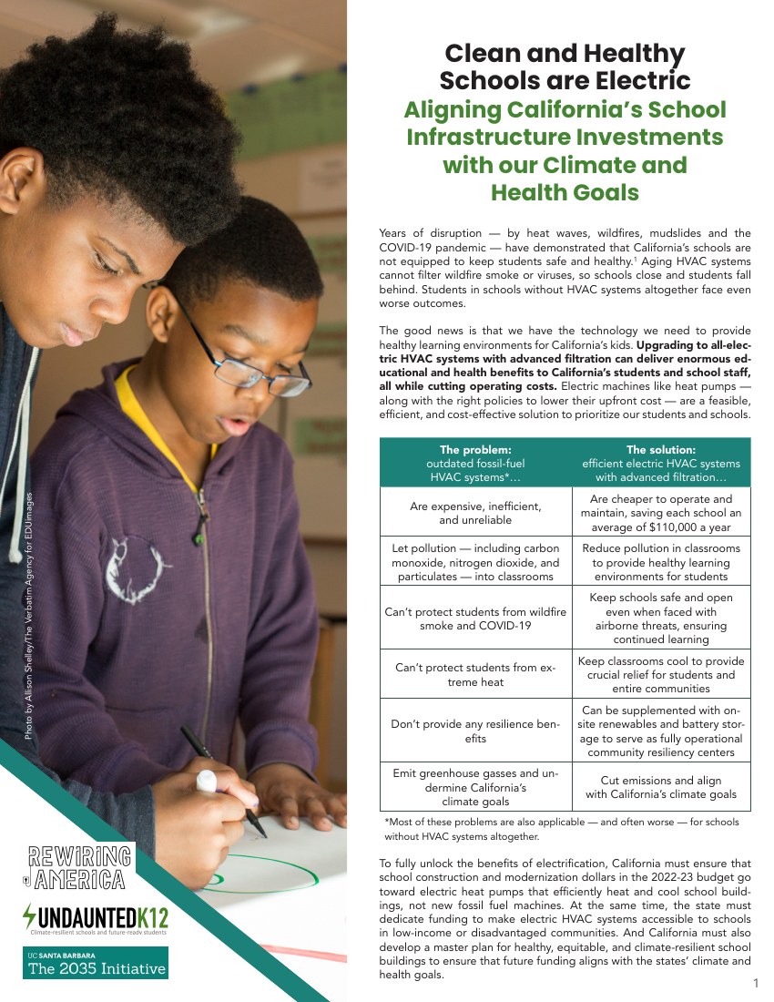Report cover — Clean and Healthy Schools Are Electric