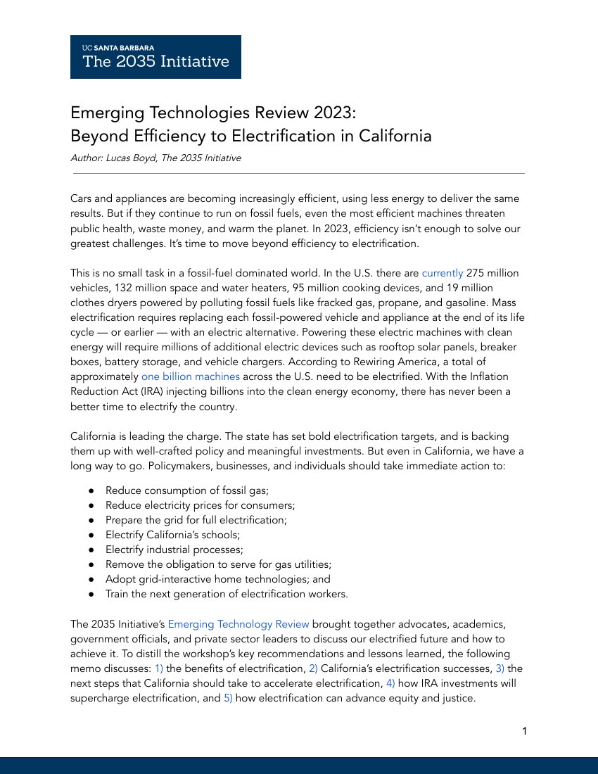 Report cover — Emerging Technologies Review 2023: Beyond Efficiency to Electrification in California